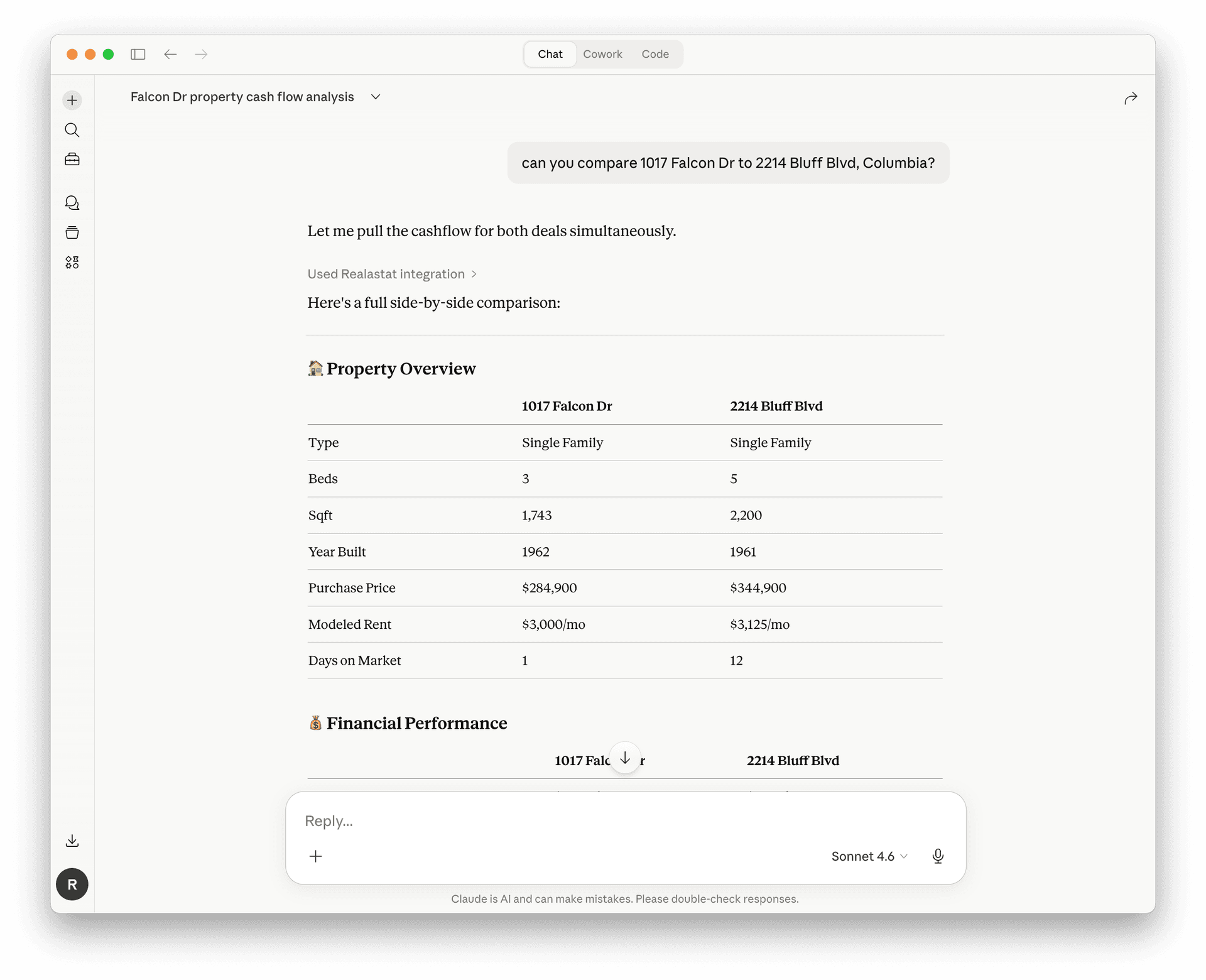 Claude comparing two deals side by side: Falcon Dr vs Bluff Blvd with full financial tables