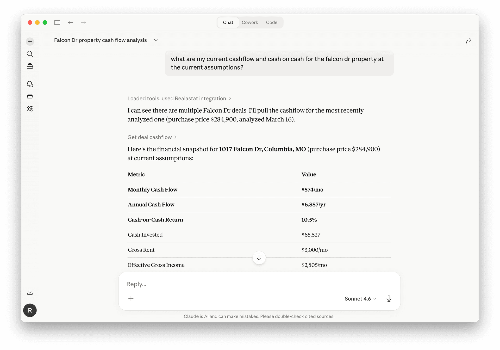 Claude showing cash flow analysis for a deal: monthly cash flow $574, cash-on-cash 10.5%