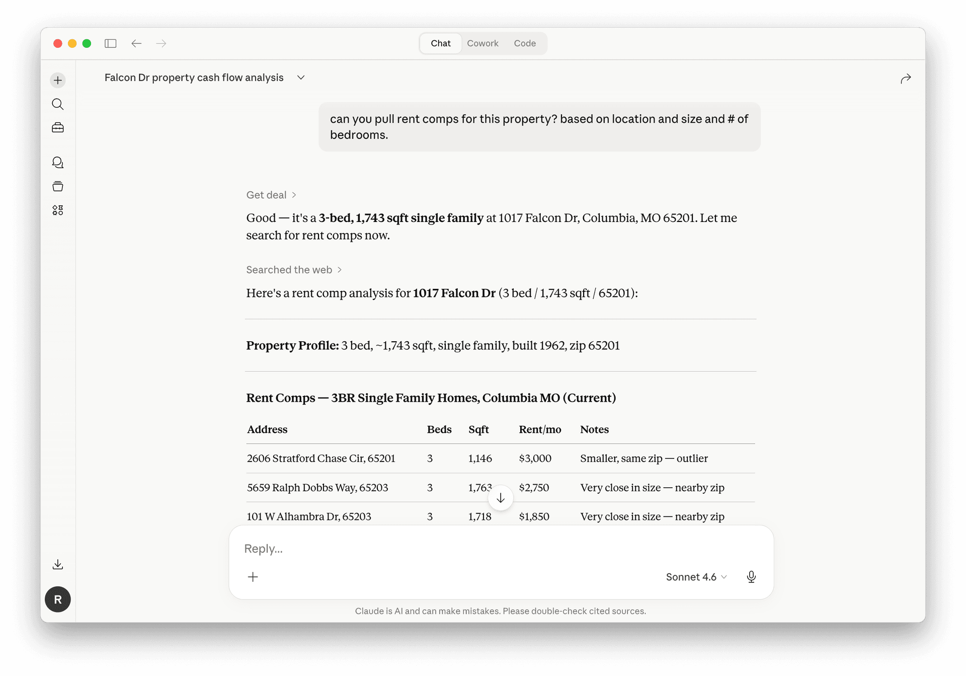 Claude pulling rent comps for a 3-bed single family in Columbia MO using deal data