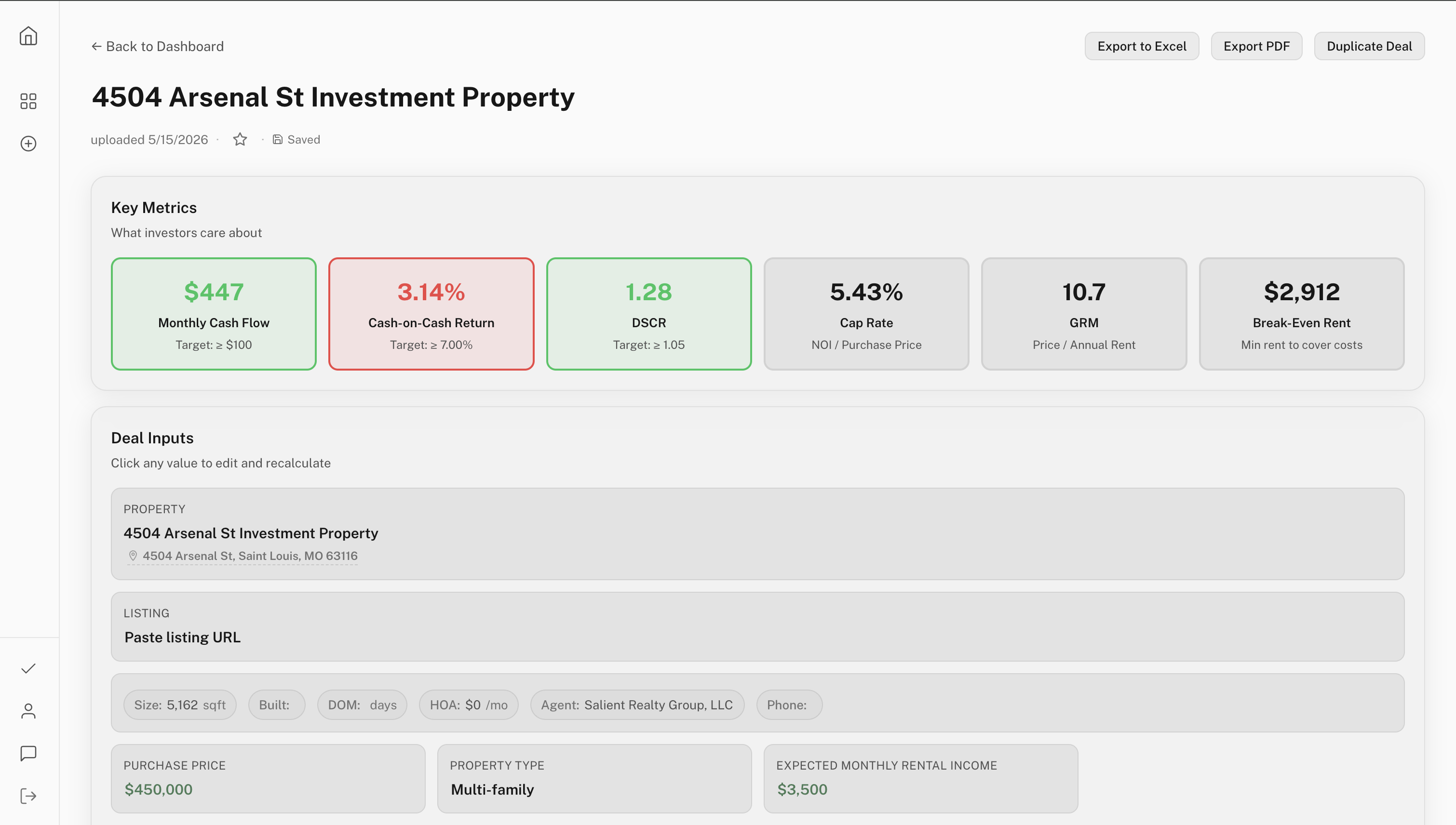 Realastat analysis results showing key metrics — monthly cash flow, cash-on-cash return, DSCR, cap rate, GRM, break-even rent — above the extracted deal inputs for a Saint Louis multi-family property.