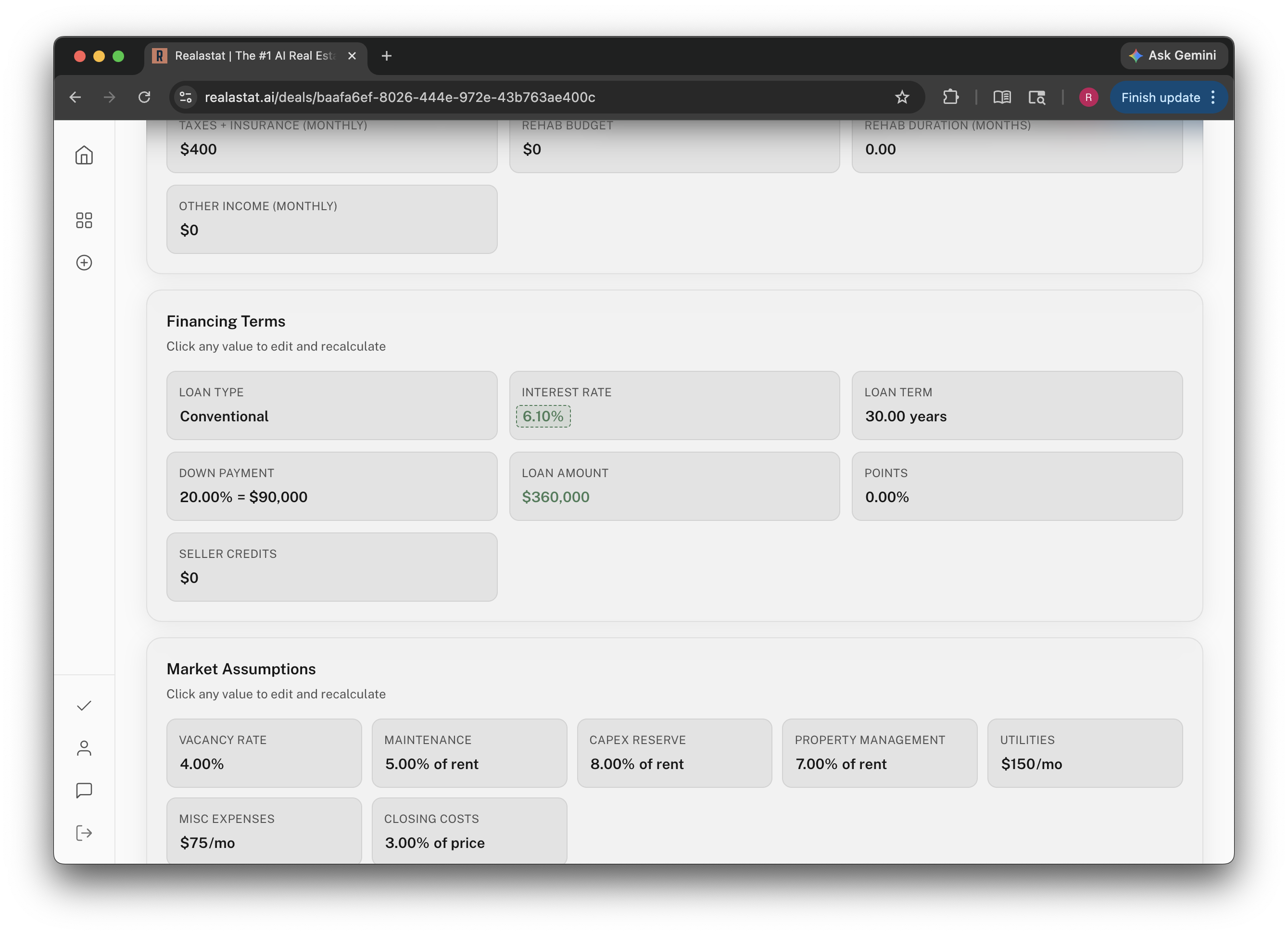 Realastat deal page with the interest rate field in an active edit state, above financing terms and market assumptions like vacancy rate, maintenance, CapEx reserve, and property management.