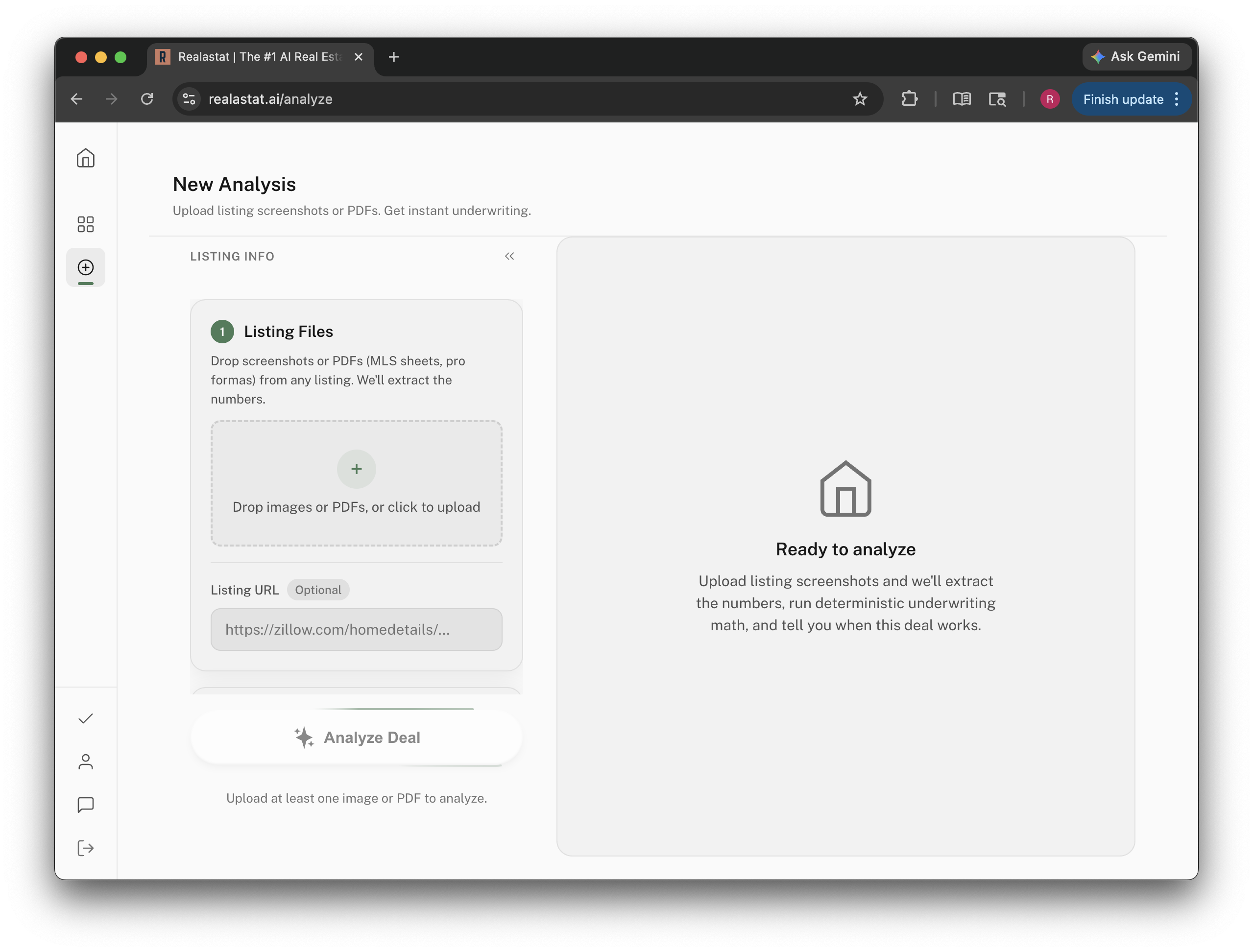 The Realastat New Analysis page with a drag-and-drop upload area for listing screenshots or PDFs and an optional listing URL field.