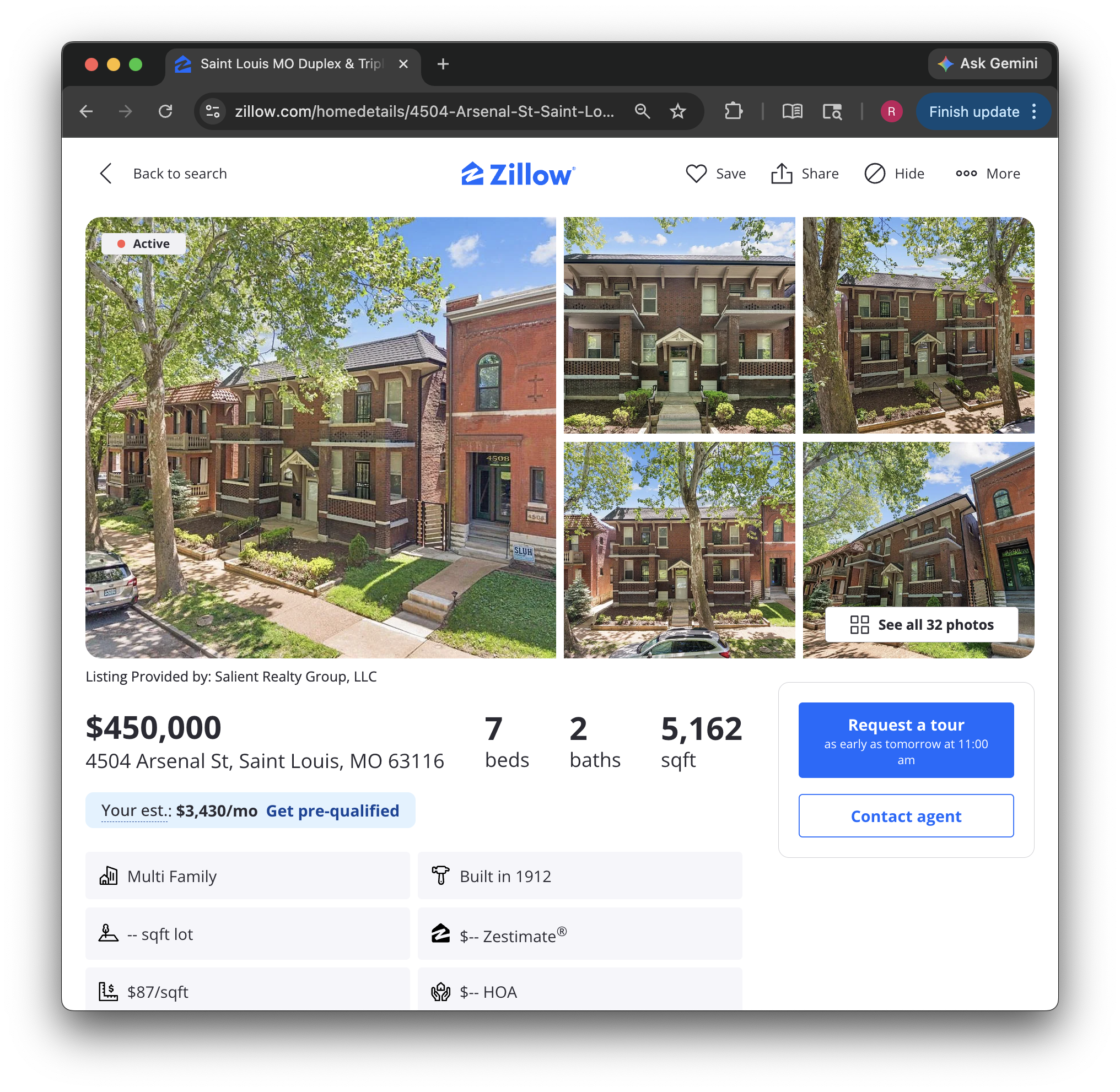 Zillow listing for a $450,000 multi-family property in Saint Louis showing list price, beds, baths, square footage, and property details.